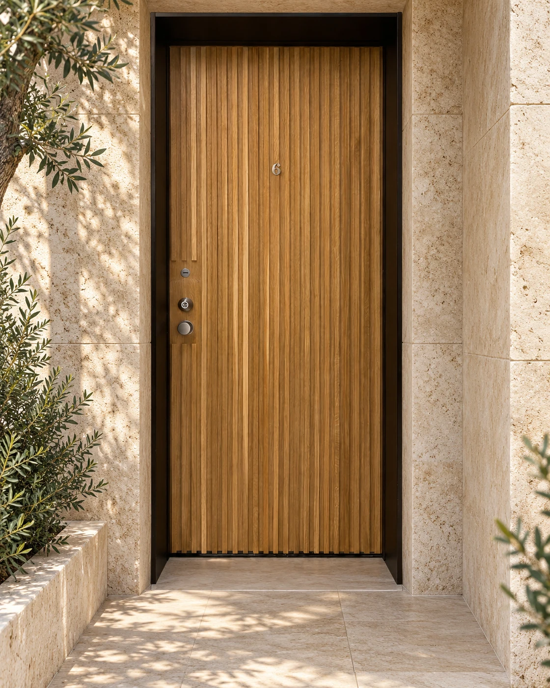 דלת כניסה דגם "ברקן". בנוסף, דלת הרמטיקס משקוף ישר בגמר סרגלי אלון מבוקע יוקרתי. לכן, יש ביטחון בתקן 4 כוכבים.