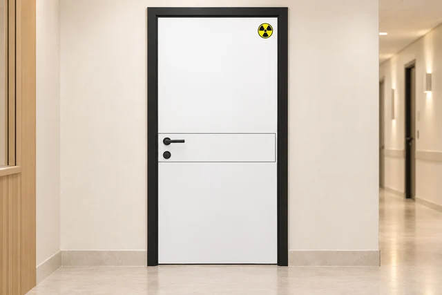 הדמיית דלת לחדר רנטגן עם סימון קרינה במסדרון מרפאה